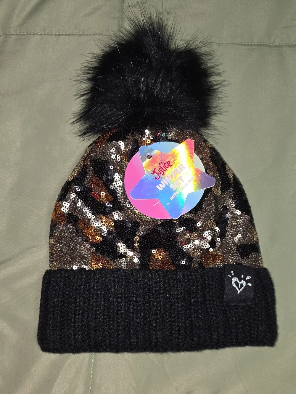 Justice Sequin Leopard Pom Beanie - Black & Brown